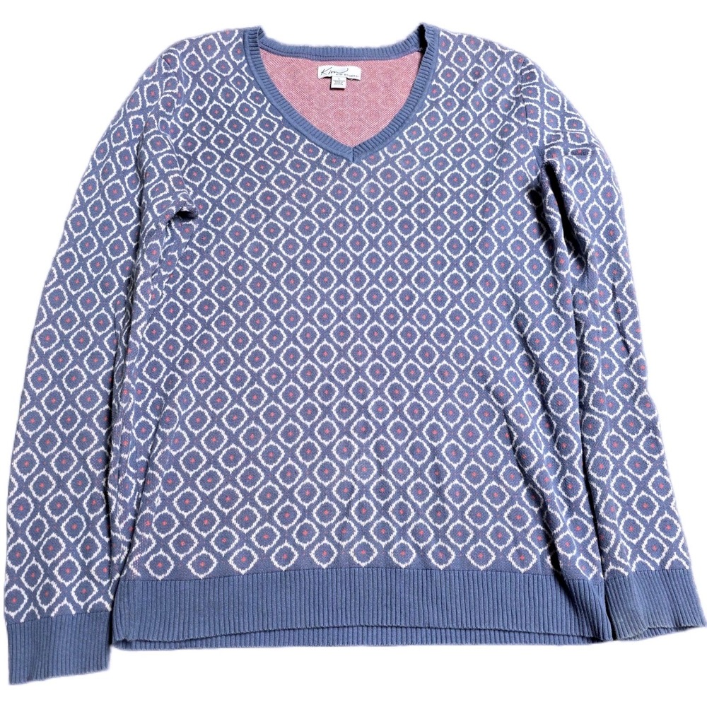 Kim Rogers V Neck Geometric Pattern Sweater Women's Size L Blue Pink Long Sleeve